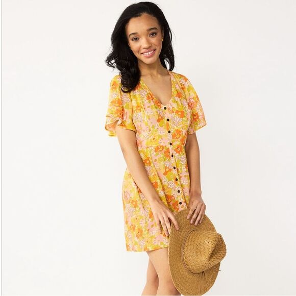Rewind Floral Bright Colorful Button Front Flutter Sleeve Skater Dress - Picture 1 of 8